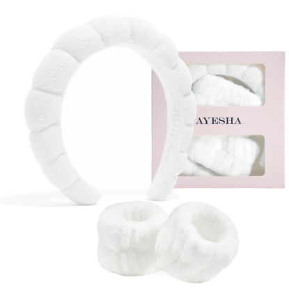 Picture of Ayesha White Spa Headband and Wristband Set for Skincare Makeup Headband Wrist Cuffs for Washing Face Bubble Skincare Hairband for Women Girls (White set)