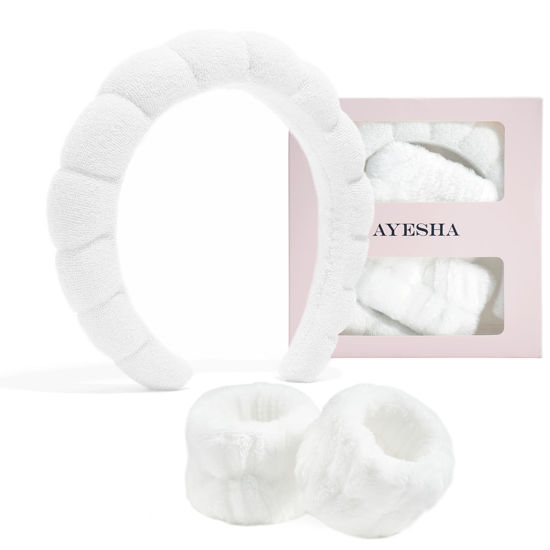 Picture of Ayesha White Spa Headband and Wristband Set for Skincare Makeup Headband Wrist Cuffs for Washing Face Bubble Skincare Hairband for Women Girls (White set)