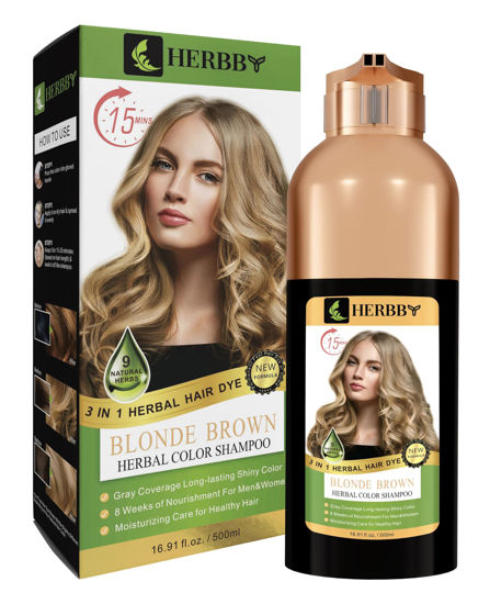 Picture of HERBBY Hair Color Shampoo for Gray Hair Coverage&Color Transform with 9 Herbal Extracts -Long Lasting(6-8 Weeks), Shiny,Evenly Colored,Instant Hair Dye Shampoo&Conditioner,500 Ml (Blonde Brown)