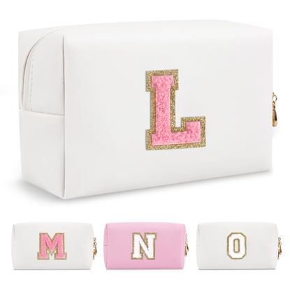 Picture of Personalized Makeup Bag Initial A-Z Preppy Patch Bag,Small PU Leather Travel Cosmetic Bag Pouch with Zipper,White Cute Toiletry Bag,Gift Ideal for Teen Girls Women Birthday Friend Mom,Letter L