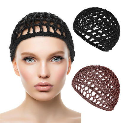 Picture of Hair Net Wrap 2 PCS Elastic Sleep Nets Hairnet Knit Sleeping Cover Breathable Crochet Head Cap Stretchy Mesh Bandana Anti Frizz Shower Bathing Hats Press Absorption Curly Straight Hair(Brown/Black)