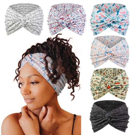 Picture of Tobeffect Extra Wide Turban Headbands for Women, 7'' Large Wide Headband for Nursing Cute Printed Nurse Head Bands Twisted Knotted Hairbands Non Slip Cloth Headbands for Women Hair Accessories 6 Pack