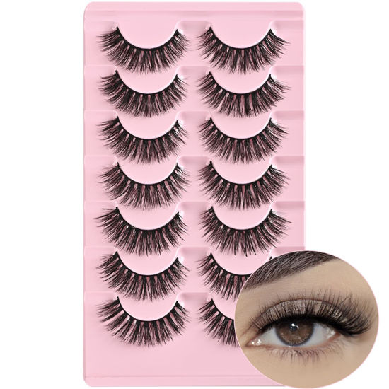Picture of FARRED Fake Lashes Mink Eyelashes Wispy Eye Lash False Natural Eyelash Pestañas 7 Pairs Lashes Pack 8D Short Strip Lashes (A5 | 7-14MM)