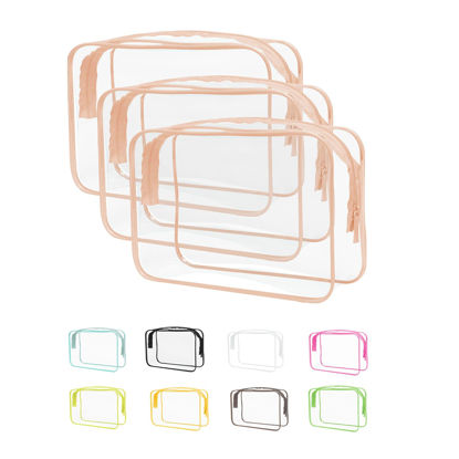 Picture of Clear Travel Bags for Toiletries, Clear Makeup Bags, Clear Cosmetic Bags, 7.9" Long x 2.5" Wide x 5.9" High Size Plastic Toiletry Bag, Clear Pouch, Cosmetic Bag for Women and Men-3 Pack Pink