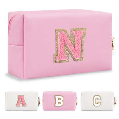 Picture of Personalized Initial Preppy Patch Makeup Bag,Small Leather Chenille Letter Cosmetic Bag with Zipper for Teen Girl,Pink Cute Travel Toiletry Bag,Birthday Valentines Day Monogrammed Gift for Daughter, V
