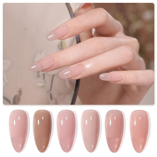 Picture of GAOY Jelly Nude Pink Gel Nail Polish Set, 6 Transparent Colors Sheer Brown Soak Off UV Light Cure Gel Polish Kit for Salon and Nail Art DIY at Home