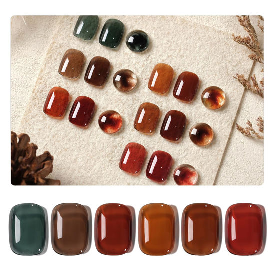 Picture of GAOY Jelly Dark Green Brown Gel Nail Polish Set, 6 Transparent Colors Sheer Red Fall Colors Soak Off UV Light Cure Gel Polish Kit for Salon and Nail Art DIY at Home