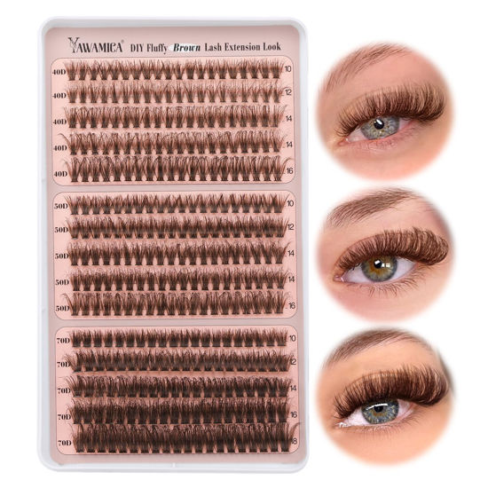 Picture of Yawamica Brown Lash Clusters Fluffy Eyelash Extension 10-16mm Individual Lashes D Curl Eyelash Clusters 40D+50D+70D Volume 300pcs Cluster Lashes Pestañas Pelo a Pelo DIY Lash Extension at Home