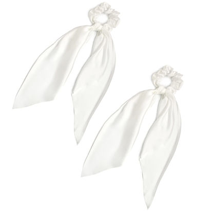 Picture of Pack of 2 Knotted Bow Hair Scrunchies Elastic Hair Scarf Hair Ties Bands Silky Satin Hair Ribbon Scrunchy Ponytail Holder for Women and Girls (White)