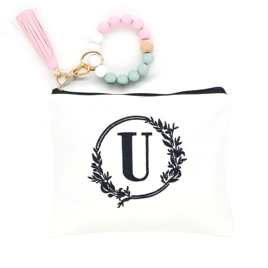 Picture of onstary Embroidered letter combination cosmetic bag，Personalized Present Bag, Suitable for Wedding, Birthday, Holiday, is a Great Gift for Women, Mom, Teachers, Friends, Bridesmaids (U)