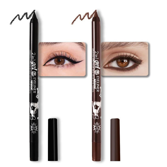 Picture of evpct 2Pcs Black & Dark Brown Color Gel Glitter Eyeliner Pencils Set for Women Waterline Waterproof Smudge Proof lapiz de ojos delineador de ojos contra el agua Eye Liner Makeup