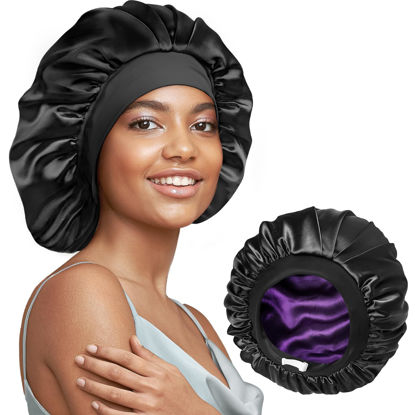 Picture of Umisleep 22 Momme 100% Real Mulberry Silk Bonnet for Sleeping Women, Large Hair Care Bonnet for Long Curly Hair, Double Layer Silk Hair Wrap with Soft Elastic Band, Non-Slip Sleep Cap, Black+Purple