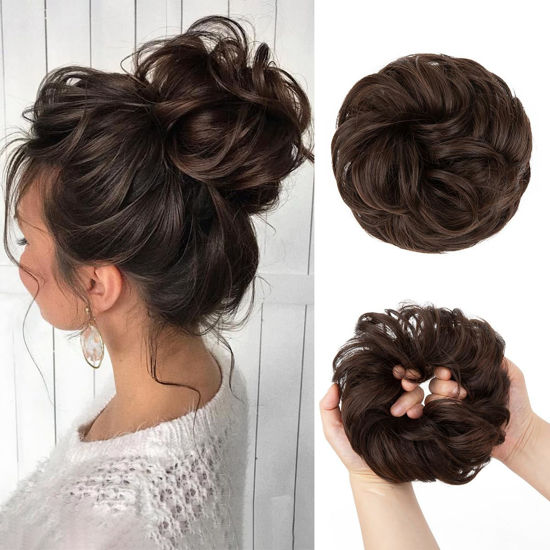 Picture of CJL HAIR Large Messy Bun Hair Piece Wavy Curly Scrunchies Synthetic Chignon Ponytail Hair Extensions Thick Updo Hairpieces for Women Dark Chocolate