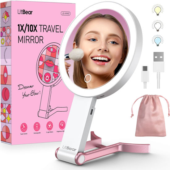 Picture of LitBear Travel Makeup Mirror with Lights, Rechargeable Double-Sided 10X/1X Magnifying Mirror, Portable Lighted Beauty Mirror, 3 Color Lighting, Dimmable Touch Screen, Tabletop Handhold Hanging (White)