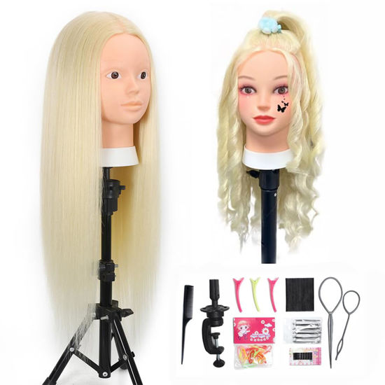 Picture of Opini Mannequin Head with 70% Real Human Hair Cosmetology Hairdresser Mannequin Doll Head for Practice Hair and Makeup (#613 Blond No makeup)