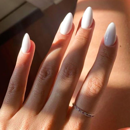 Picture of YOSOMK White Fake Nails Medium Almond Press on Nails with Design Pure Color Glossy Stick on Nails Acrylic Glue on False Nails for Women