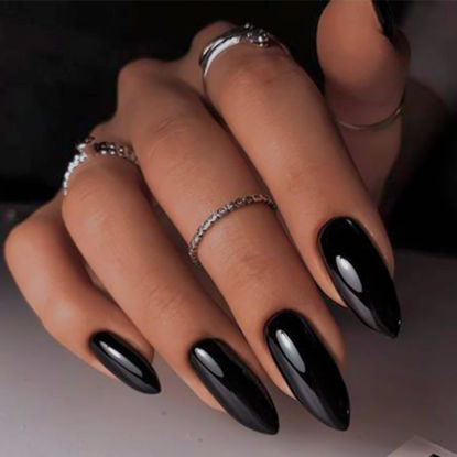 Picture of YOSOMK Black Press on Nails Medium Almond Fake Nails with Solid Color Designs Glossy Full Cover False Nails for Women and Girls