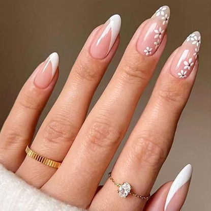 Picture of YOSOMK Cute Medium Fake Nails Almond Shaped Press on Nails with White Flower Design Glossy Glue on Static Nails French Tip Stick on Acrylic Nails for Women