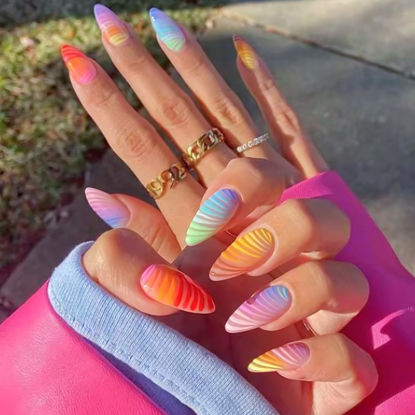 Picture of YOSOMK Medium Fake Nails Almond Shaped Press on Nails with Colorful Designs Glossy Rainbow False Nails Glue on Artificial Nails for Women
