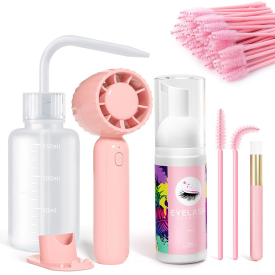 Picture of Buqikma Lash Cleaning Kit - Lash Shampoo Kit Eyelash Extension Cleanser for Extensions 60ML with Rechargeable Handheld Lash Fan Dryer Mascara Brush Rinse Bottle Makeup Cleansing Foam for Lash Care