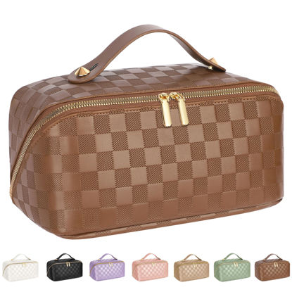 Picture of ALEXTINA Large Capacity Travel Cosmetic Bag - Portable Women Waterproof PU Leather Checkered Makeup Organizer with Dividers and Handle,Toiletry Bag for Cosmetics, Brown