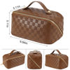 Picture of ALEXTINA Large Capacity Travel Cosmetic Bag - Portable Women Waterproof PU Leather Checkered Makeup Organizer with Dividers and Handle,Toiletry Bag for Cosmetics, Brown
