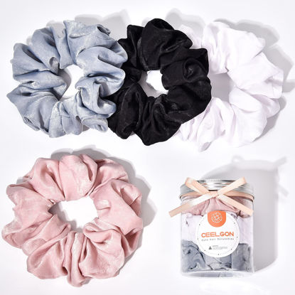 Picture of XL Big Silk Scrunchies Hair Ties for Women - CEELGON Oversized Black Satin Silk Scrunchie Exra Large Jumbo Gaint Soft Pink Chiffon Cute Scrunchy for Curl Thick Hair 4 Pack (Black White)