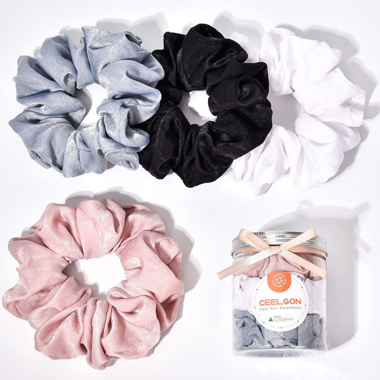 Picture of XL Big Silk Scrunchies Hair Ties for Women - CEELGON Oversized Black Satin Silk Scrunchie Exra Large Jumbo Gaint Soft Pink Chiffon Cute Scrunchy for Curl Thick Hair 4 Pack (Black White)