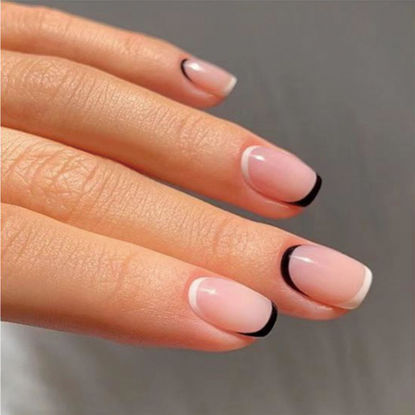 Picture of Press on Nails Square Black and White French Tip Extra Short False Nails Square Fake Nails Nude Full Cover Faux Nails Press ons for Women 24 Pcs