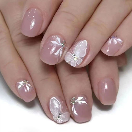 Picture of Pink Square Press on Nails Short Cute False Nails with White Butterfly Rhinestones Designs Pink Full Cover Faux Nails Press ons for Women Fake Nails 24 Pcs