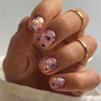 Picture of Short Press on Nails Cute Flowers Fake Nails Square Acrylic Nails Press ons Full Cover Glossy Colorful Floral Spring and Summer Stick Glue on Nails for Women Girls 24Pcs