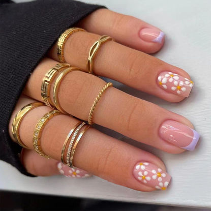 Picture of Square Press on Nails Short Cute Purple French Tip False Nails with White Flower Designs Pink Full Cover Faux Nails Press ons for Women Fake Nails 24 Pcs