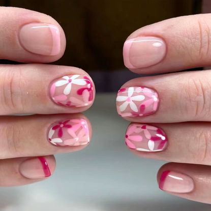 Picture of Press on Nails Square Fake Nails Short Pink Full Cover Acrylic Nails Flower Design Glue on Nails Glossy False Nails Press ons Artificial Stick on Nails for Women 24Pcs