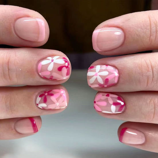 Picture of Press on Nails Square Fake Nails Short Pink Full Cover Acrylic Nails Flower Design Glue on Nails Glossy False Nails Press ons Artificial Stick on Nails for Women 24Pcs