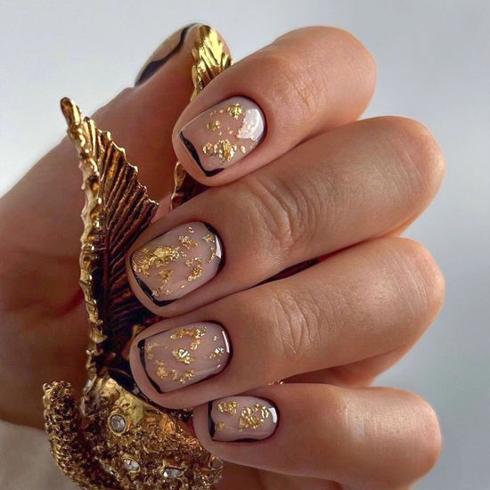 Picture of Black French Tip Press on Nails Short Fake Nails Glitter Sequins Stick Glue on Nails Square Full Cover Acrylic Nails Press ons for Women 24 Pcs