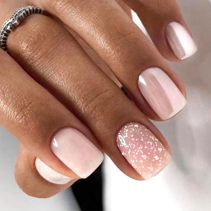 Picture of Square Press on Nails Short Pink Tender Fake Nails Glitter Pearl Nail Art Acrylic Nails Press ons Cute Natural Sweet Style Full Cover for Women & Girls Daily Wear Simple 24 Pcs
