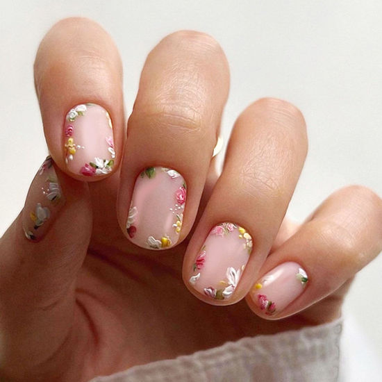 Picture of Press on Nails Short Cute Flowers Fake Nails Square Acrylic Nails Press ons Colorful Floral Full Cover Glossy Spring and Summer Stick Glue on Nails for Women Girls 24Pcs