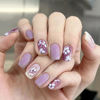 Picture of Press on Nails Square Short Fake Nails Purple Gradient Acrylic Nails Press ons Flower Golden Lines Glue on Nails Glossy Stick on Nails Artificial False Nails for Girls 24Pcs