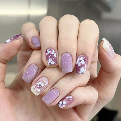 Picture of Press on Nails Square Short Fake Nails Purple Gradient Acrylic Nails Press ons Flower Golden Lines Glue on Nails Glossy Stick on Nails Artificial False Nails for Girls 24Pcs