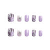 Picture of Press on Nails Square Short Fake Nails Purple Gradient Acrylic Nails Press ons Flower Golden Lines Glue on Nails Glossy Stick on Nails Artificial False Nails for Girls 24Pcs