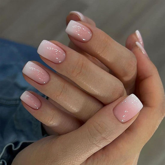 Picture of Press on Nails Short Cute Pink Fake Nails with White Gradient Designs Full Cover Square Acrylic Nails Press ons for Women Daily Wear Simple False Nails 24 Pcs