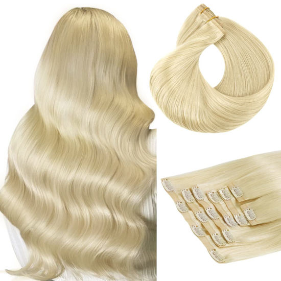 Picture of HOTBANANA Clip in Hair Extensions 16 inch 130g 7pcs Bleach Blonde Clip in Remy Human Hair Extensions Straight Hair Invisi Edge Clip Hair Full Head