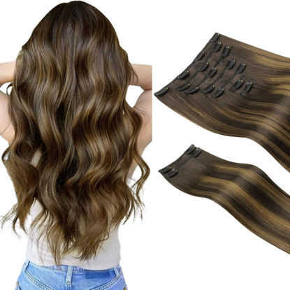Picture of HOTBANANA Clip in Hair Extensions Real Human Hair 140g 9pcs 18 inch Dark Brown to Chestnut Brown Clip in Human Hair Extensions Straight Remy Hair Extensions Full Head