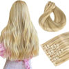 Picture of HOTBANANA Clip in Hair Extensions Light Blonde Highlighted Golden Blonde(Grey Tone) 16 inch 130g 7pcs Clip in Remy Human Hair Extensions Straight Hair Invisi Edge Clip Hair Full Head
