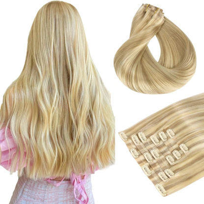 Picture of HOTBANANA Clip in Hair Extensions Light Blonde Highlighted Golden Blonde(Grey Tone) 16 inch 130g 7pcs Clip in Remy Human Hair Extensions Straight Hair Invisi Edge Clip Hair Full Head