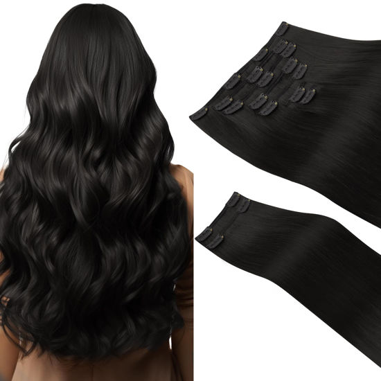 Picture of HOTBANANA Clip in Hair Extensions Real Human Hair 140g 9pcs 16 inch Natural Black Clip in Human Hair Extensions Straight Remy Hair Extensions Full Head