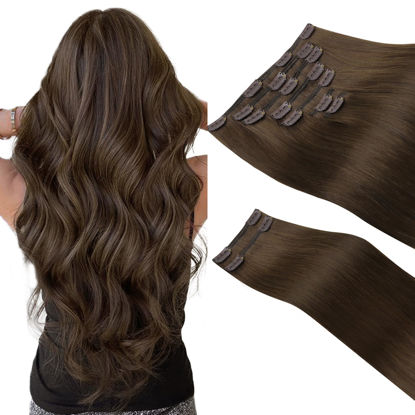 Picture of HOTBANANA Clip in Hair Extensions Real Human Hair 140g 9pcs 18 inch Chocolate Brown Clip in Human Hair Extensions Straight Remy Hair Extensions Full Head