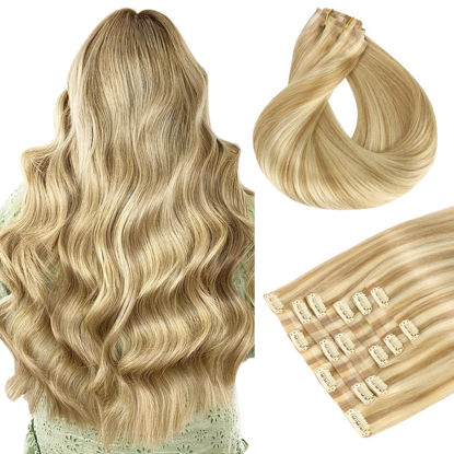 Picture of HOTBANANA Clip in Hair Extensions 14 inch 130g 7pcs Light Blonde Highlighted Golden Blonde Clip in Remy Human Hair Extensions Straight Hair Invisi Edge Clip Hair Full Head