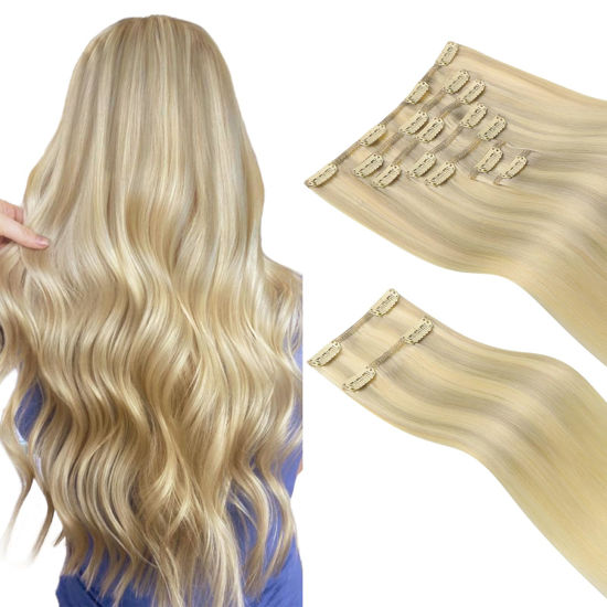 Picture of HOTBANANA Clip in Hair Extensions Real Human Hair 140g 9pcs 16 inch Ash Blonde to Golden Blonde and Platinum Blonde Clip in Human Hair Extensions Straight Remy Hair Extensions Full Head