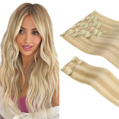 Picture of HOTBANANA Clip in Hair Extensions Real Human Hair 140g 9pcs 20 inch Dirty Blonde Mixed Bleach Blonde Clip in Human Hair Extensions Straight Remy Hair Extensions Full Head